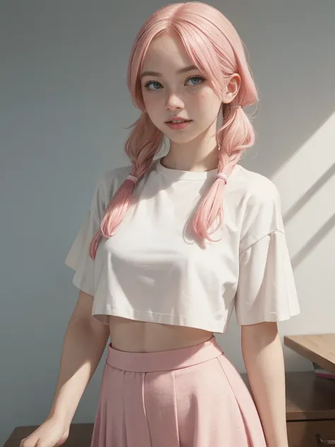 raw photo,sfw,beautiful woman standing,laughs,graphic eyeliner, rouge,soft pink hair,pigtails haircut,realistic skin texture,face freckles,midi skirt,crop t-shirt,masterpiece,blush,blushed,blushing,teen girl,pale white skin,big breasts,beautiful,sexy pose,...