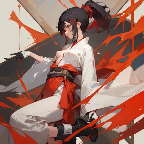 ((highest quality)), ((masterpiece)), (Become familiar with),  1 girl, alone, Black Hair,ponytail,White kimono,red hair clip,Red belt, ,slender,Long Hair,Small breasts, gloves,boots, Erect nipples,Wrap a cloth around your chest