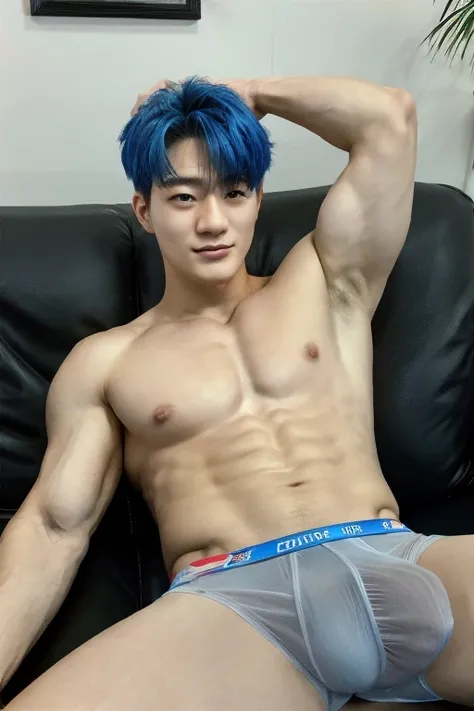 v-shape of face, handsome Korean teenager, 18 years old, blue hair, muscular body, topless, tight transparent white brief underwear, Spread legs sitting on sofa, huge bulge tight, lean back, hand beside head, long dick print, oily skin, white skin, body ha...