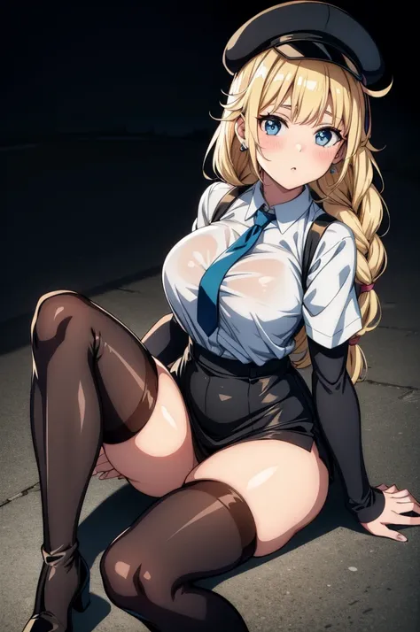 a female anime character sitting on ground in stockings and boots with legs spread, 1girl, solo, thighhighs, blonde hair, boots, blue eyes, hat, jewelry, sitting, earrings, braid, black thighhighs, breasts, black footwear, looking at viewer, black headwear...