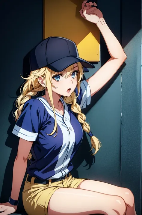 a very beautiful women with her hands up sitting on a wall wearing a baseball uniform, 1girl, solo, baseball cap, shorts, blue eyes, blonde hair, long hair, hat, breasts, braid, open mouth, looking at viewer, shirt, sitting, wristband