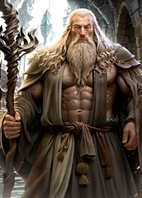 big muscled gandalf, weise, magier, hoher kontrast, (natural skin structure, hyperrealismus, sanftes licht, scharf),topless