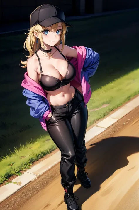 a very cartoonish art of a girl wearing a cap over her head and a large bra underneath, 1girl, breasts, solo, jacket, navel, blue eyes, pants, blonde hair, hat, large breasts, baseball cap, choker, off shoulder, looking at viewer, black pants, black footwe...