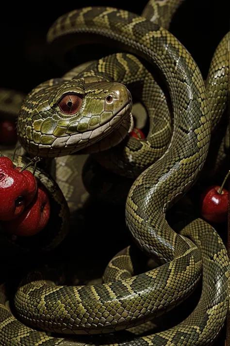 Snakes with lots of cherrys and glowing eyes 