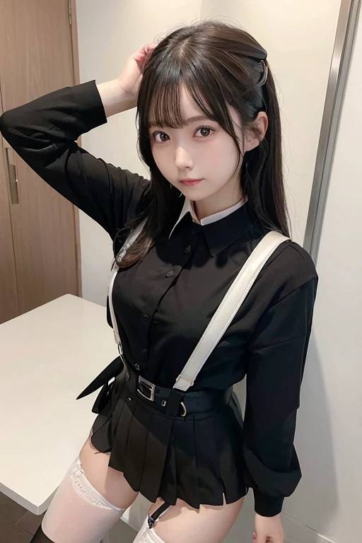 (Tabletop:1.2),high quality,Bright colors,Flat Color,The depth of the written world,Lens flare,1 girl,Black Hair,eye contact,suit,Collared shirt,Belt Bag,suspenders,Professional,office lady,Office Lady,Black tight skirt　garter belt　knee length　stocking hee...