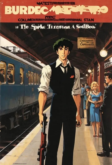 boy, spike spiegel, cowboy bebop, brown eyes, smile, black hair, in the railway station, retro vintage comic style, 1990s style,...