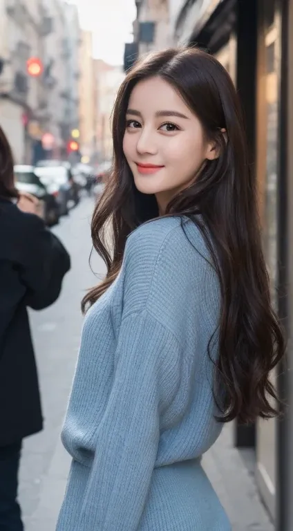 ((best quality, 8k, masterpiece :1.3)), 1 Girl, Smile, whole body, Thin face, pretty Woman, (Dark brown hair), Long Dress :1.1, Ultra-fine face, Delicate eyes, double eyelids, Blurred Background, Thin face, City, external, street,