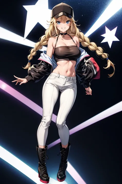 a pretty anime image with naked body wearing hat, white coat, leather pants and boots, 1girl, solo, boots, pants, hat, blonde hair, breasts, navel, blue eyes, off shoulder, twin braids, smile, black footwear, midriff, braid, long hair, looking at viewer, c...