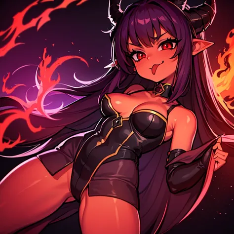 (best quality,4k,8k,highres,masterpiece:1.2),ultra-detailed,(anime),demon woman,horned,small-breasted,tongue out,illustration,dark atmosphere,demonic features,fiery background,sharp focus,sinister lighting,vivid colors,no-clothes