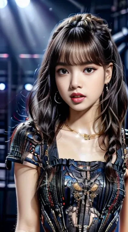 Virtual image,Realistic 8k picture only in front,Masterpiece,complete anatomy,Highly detailed,Excellent paint quality,girl lisa blackpink,(Lisa Black pink)(ใบหน้าที่มีHighly detailed))Beautiful and bright,Singing on the concert stage