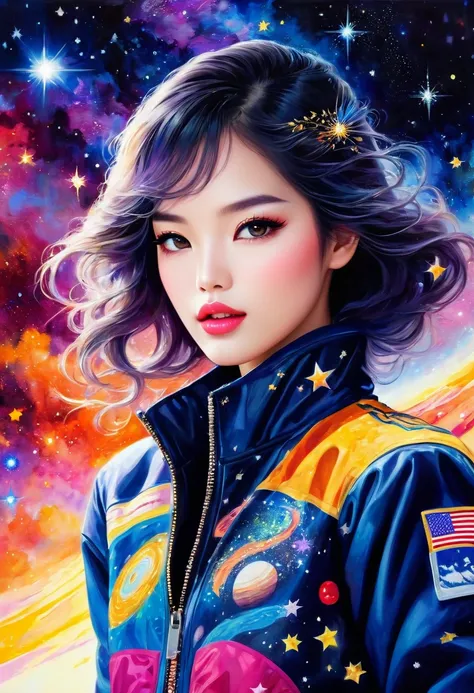 (best quality, highres, realistic:1.37), detailed portrait, a impressive painting of girl in galaxy beautiful detailed eyes, beautiful detailed lips, long eyelashes, fashionable clothing, confident and elegant posture, unique catwalk style, starry night pa...