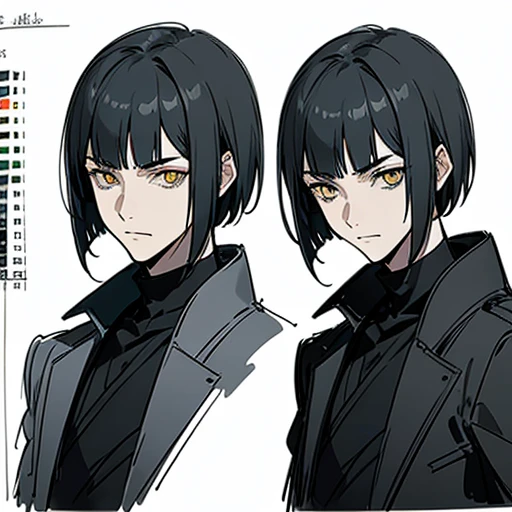  ((Concept ART)) ,(( best quality)), human Male , Pointy Black short haircut  , Black yellow eyes, ((faces Concept ART )) ,