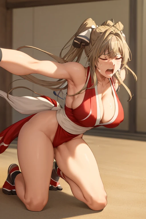 masterpiece, best quality, beautiful art, high resolution, well formed hands, body and fingers, 1 woman, solo, Sento Isuzu, adult, big breasted, cleavage, full body, long hair, hair ornament, cosplaying as Mai Shiranui, gorgeous legs and thighs,  ryona , i...