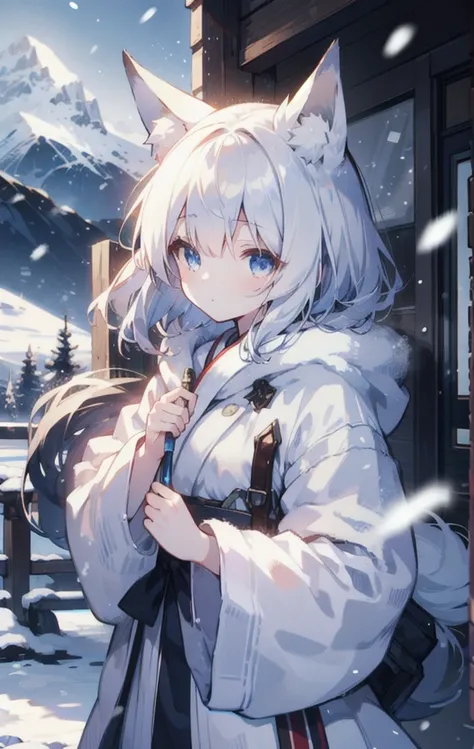 Wear robes，Fox Girl，White short hair，short and small，Snow-capped mountains behind，The weather is snowing，The bangs cover the right eye