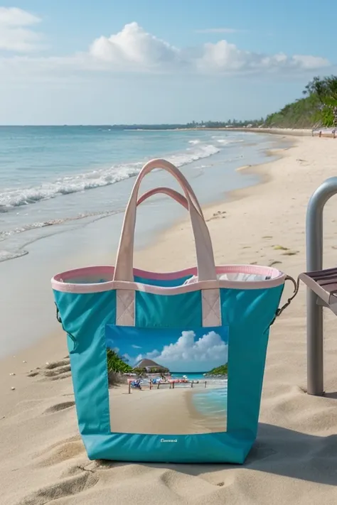 Beach bag with beach background realistic 