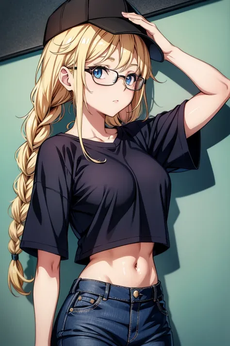 this is a anime girl with glasses and a flat chest wearing a t shirt and short skirt, 1girl, breasts, hat, solo, glasses, blonde hair, shirt, blue eyes, twin braids, braid, pants, navel, denim, large breasts, long hair, midriff, jeans, short sleeves, crop ...