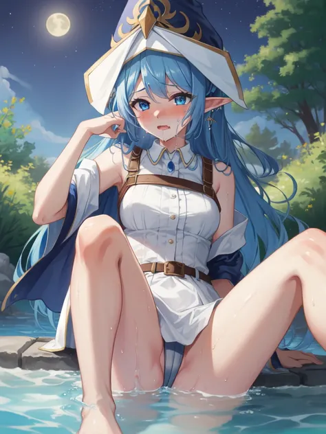 One girl, Blue Hair, blue eyes, Elf Ears, wizard hat, White Dress, 
Cowboy Shot, Outdoor, forest, 半分water没した, Pool, water, Night Sky, moon, Thighs, 
enchantress,Detailed５two-fingered hand, White skin,knees,,Absurd,(masterpiece:1.3), (High resolution), (8k)...