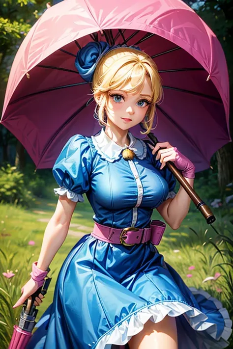 a girl with blonde hair wearing a blue dress and puffy sleeves, her hair is tied up in a bun. she is also wearing pink fingerles...