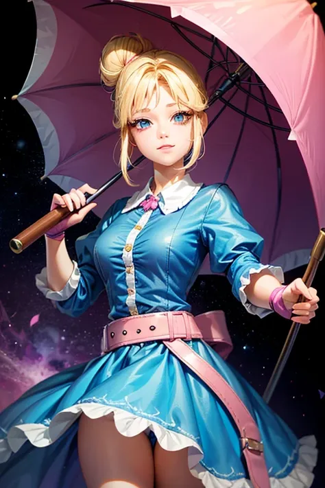 A girl with blonde hair wearing a blue dress and puffy sleeves, her hair is tied up in a bun. She is also wearing pink fingerless gloves, a pink belt, and blue footwear. The girl has a joyful expression on her face, with detailed and beautiful eyes, lips, ...