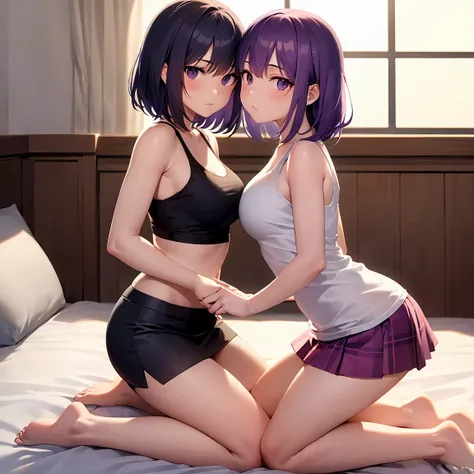 close, Purple Hair, Medium Hair,White tank top, skirt, Young people, 1 girl, Are standing, View your viewers, bed, kneeling on bed, symmetrical configuration