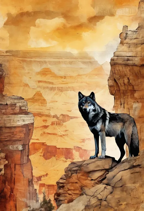 loup hurlant, fond ocre, Grand Canyon ::2 colorful ink painting ::2 art fantasy