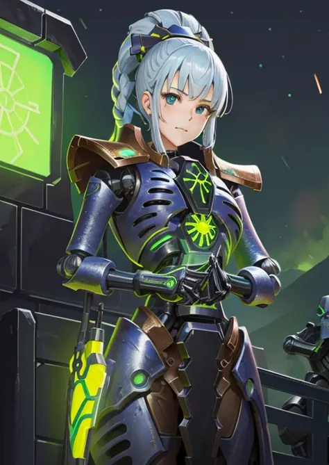 (1girl) (digital) ( in detailed observatory, ( glowing, armor, robot, mask)) , best quality, necrons,