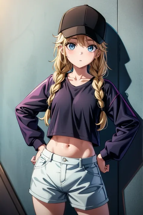 a cute anime girl in black top, purple bottoms and baseball cap posing with writing on wall behind her, 1girl, hat, solo, blue e...