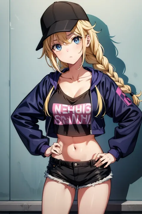 a cute anime girl in black top, purple bottoms and baseball cap posing with writing on wall behind her, 1girl, hat, solo, blue eyes, shorts, blonde hair, black shorts, twin braids, breasts, navel, braid, jacket, hands on hips, baseball cap, looking at view...