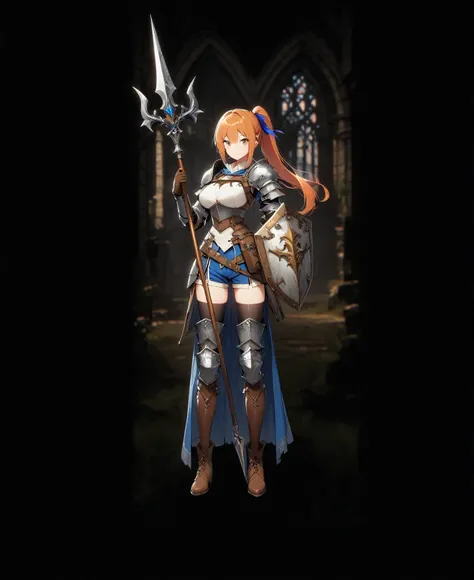 1girl, solo, shield, weapon, thighhighs, polearm, gloves, boots, long-hair, (((Medieval_background))), armor, brown-gloves, ponytail, orange-hair, full-body spear, ribbon, holding, holding-weapon, looking-at-viewer, hair-ribbon, black-thighhighs, brown-foo...