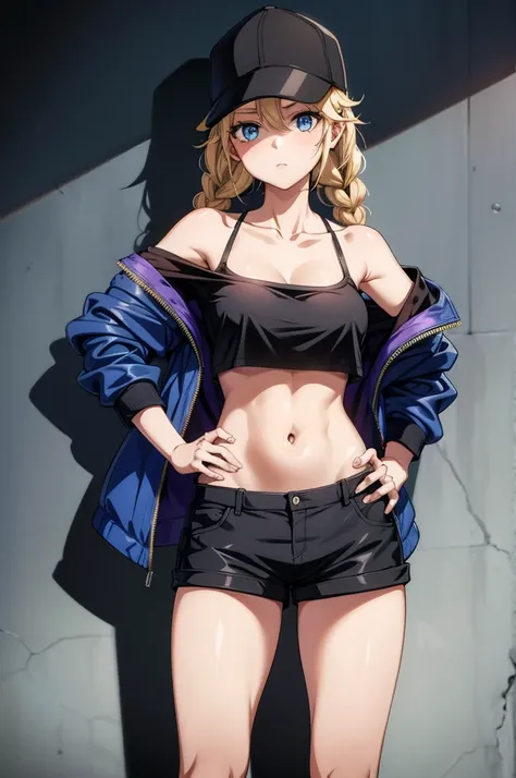 a very sexy girl in a black hat and jacket standing in front of graffiti, 1girl, solo, shorts, hat, blue eyes, blonde hair, baseball cap, crop top, breasts, braid, hands on hips, navel, twin braids, off shoulder, short shorts, black shorts, long hair, bare...