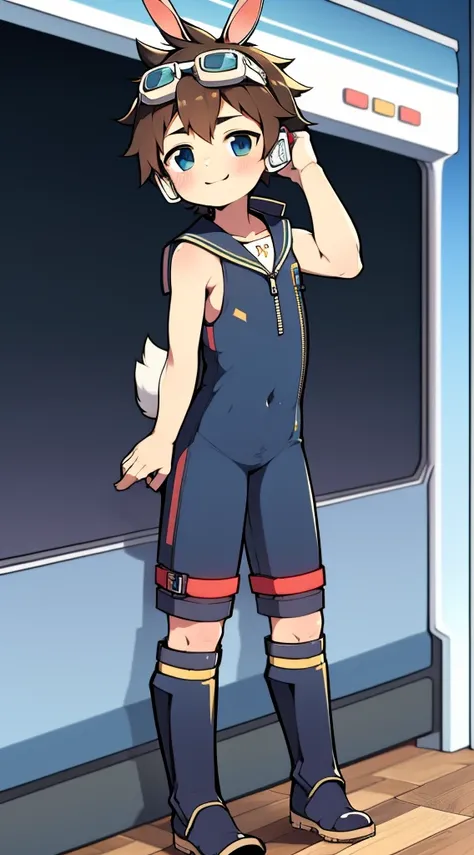 2D Boy Shota，One-piece mountaineering suit，Slim, healthy body，Put the headphones on your head，stand up，goggles，Rabbit ears，happy，Sailor collar，tie，Zipper pulled down，boots