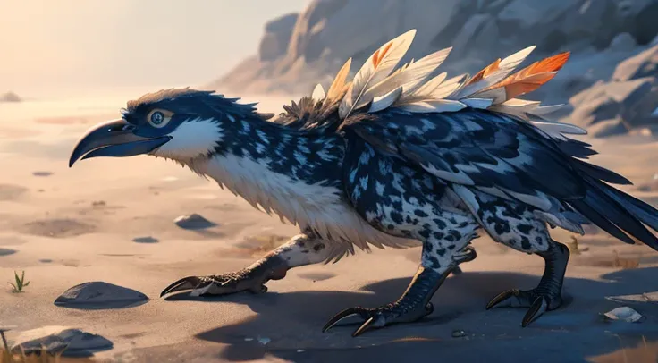 semi-realistic anime, the creature has larger spots, a beak and a feather covered body.