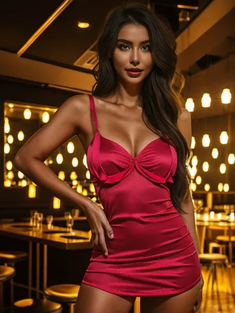 a beautiful 27 yo russian woman walking in disco night club, ( layered hair:1.2), cheekbones, Detailed face, Gem Labyrinth,   sexy stripper mini dress with open shoulder :, cleavage , Delicate upper skin, perfect anatomia, Wide hips, smooth midriff, thigh ...