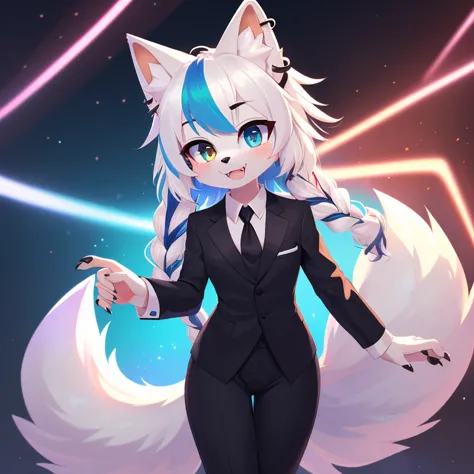 mobian, ((arctic fox, long hair, fluffy hair, fluffy tail, finger claws, cute fangs, heterochromia, yellow eyes, blue eyes, kemo...