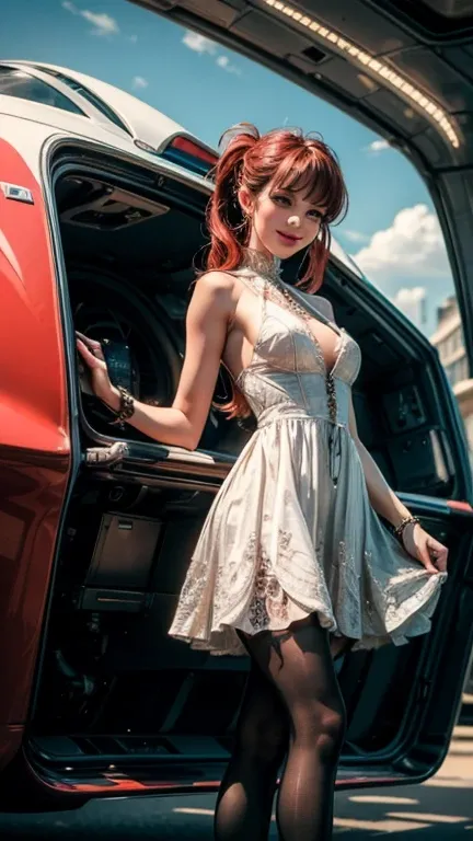 (best quality, 8k, masterpiece, ultra-detailed),vintage Woman 32 years-old pin-up,crossed pantyhosed legs,red straight hair,bangs,beautiful detailed face, big eyelashes,ponytail,little smile,jewerly,((((dress printeded)))),futuristic spaceship scenario