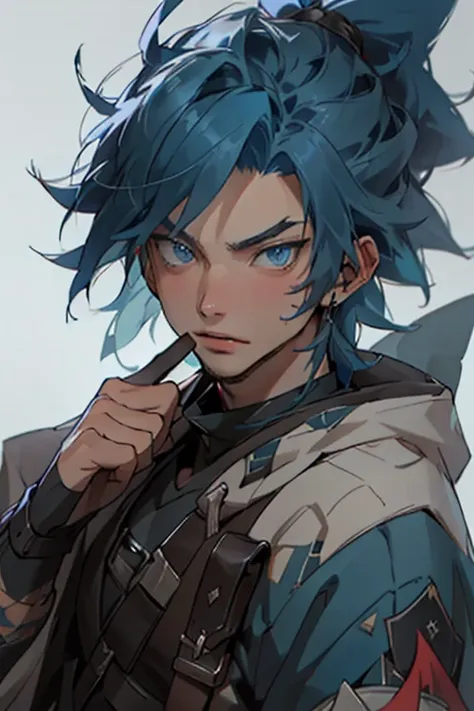 ((best quality)), ((masterpiece)), (detailed), perfect face
male with blue eyes, black bandit clothing, blue hair shark tooth, waterbander 18 years