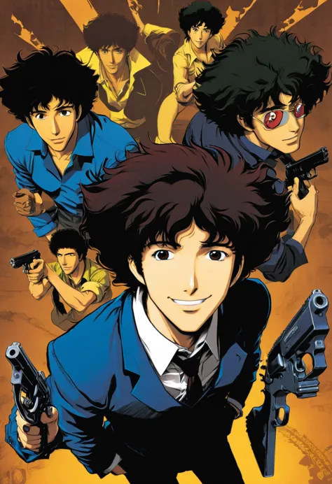 boy, Spike Spiegel, Cowboy Bebop, brown eyes, smile, black hair, dynamic action pose, 1990s style, retro vintage comic style, (masterpiece, best quality, Professional, perfect composition, very aesthetic, absurdres, ultra-detailed, intricate details:1.3)