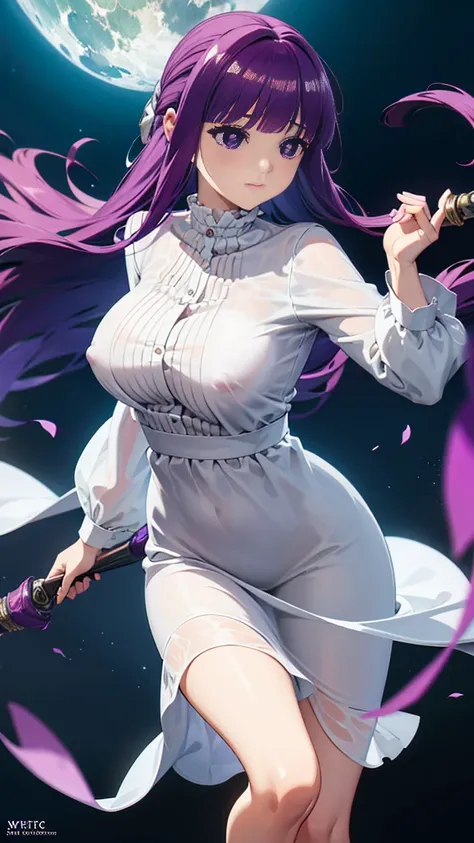 Super detailed, NSFW, masterpiece, High resolution, Highly detailed anime art, Cinematic lighting, (((1 girl, perfect anatomy))), accurate right hand, accurate left hand, five fingers, perfect style, Detailed face, Fern, purple eyes, glossy lips, cute face...