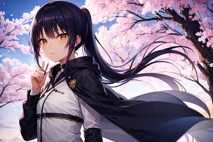 captivating scene featuring a beautiful anime-style cute Japanese girl with distinct features, set against a spring wonderland backdrop. The cute Japanese girl will have black hair styled in a ponytail, single eyelids, and hooded, sultry, deep set, captiva...