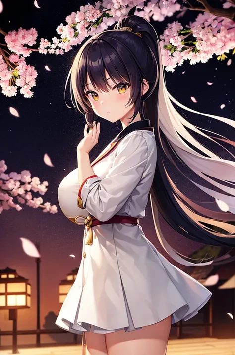 captivating scene featuring a beautiful anime-style cute Japanese girl with distinct features, set against a spring wonderland backdrop. The cute Japanese girl will have black hair styled in a ponytail, single eyelids, and hooded, sultry, deep set, captiva...