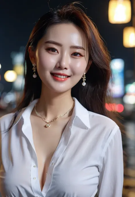 (top-quality、8k、​masterpiece:1.3)、Beautiful Women in Perfect Figure:1.4、Downtown at night、Wearing a pendant、Wearing a white open-collar shirt that opens to the chest、extremely detailed face and skin、A detailed eye、double eyelid、huge tit、a smile