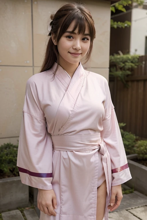 masterpiece, 1girl, 16 year old, beautiful bangs, full body image, wearing a japanese pink kimono (wrapped-front garment with square sleeves and a rectangular body, and is worn left side wrapped over right), standing, photo from phone, casual photo, beauti...