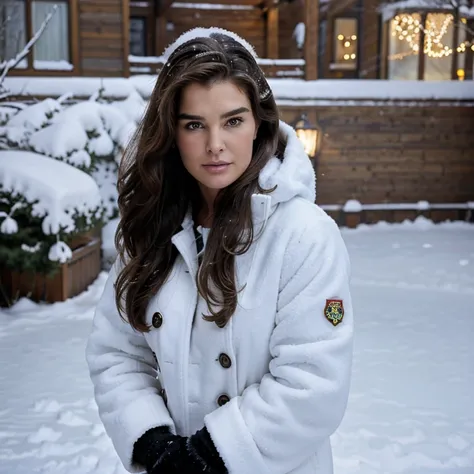 Brooke Shields in snowy weather dressed in winter clothes