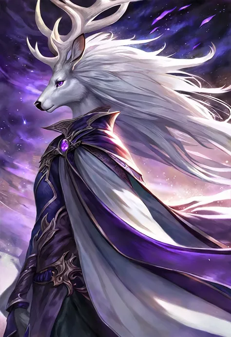 Game artwork, refined art, masterpiece, ((solo)), anthro, male deer, expressive, good anatomy, attractive, toned body, wizard, jrpg design, standing, white body, long white hair, detailed eyes, side view, majestic, dark purple eyes