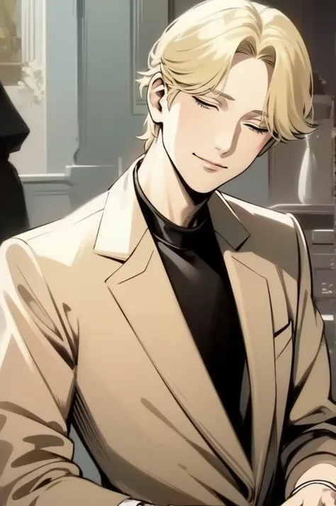 johan liebert, solo boy, wearing black sweather, angst, manipulator, smiling, eyes closed, face tilted