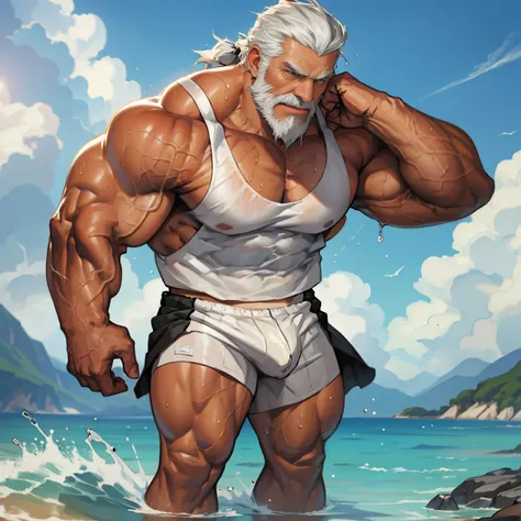 (best quality,photo-realistic:1.37),caucasian,elderly man,white beard,white hair,frontal view,full body,well-built, muscular daddy,hairy daddy,standing in the distance,on a grassy field during the day,upper body wearing a half-rolled-up white tank top,lowe...