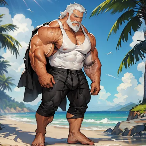 (best quality,photo-realistic:1.37),caucasian,elderly man,white beard,white hair,frontal view,full body,well-built, muscular daddy,hairy daddy,standing in the distance,on a grassy field during the day,upper body wearing a half-rolled-up white tank top,lowe...