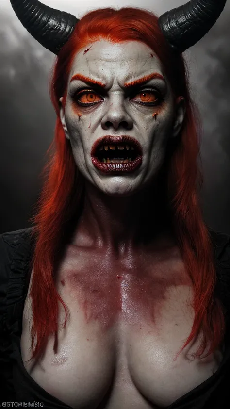 (best quality,ultra-detailed,realistic),horror,detailed fiery eyes,watchful and unsettling appearance,red hair,monster mouth,horns on the head,portrait,high contrast lighting,ominous colors.