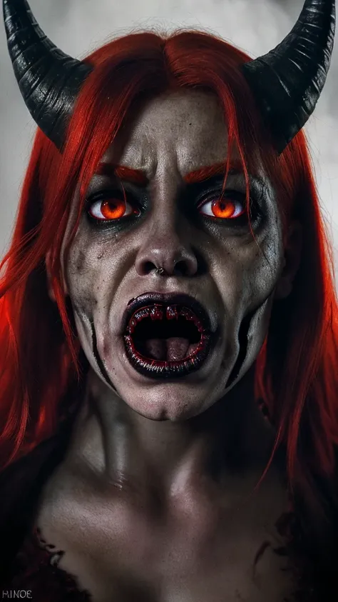 (best quality,ultra-detailed,realistic),horror,detailed fiery eyes,watchful and unsettling appearance,red hair,monster mouth,horns on the head,portrait,high contrast lighting,ominous colors.