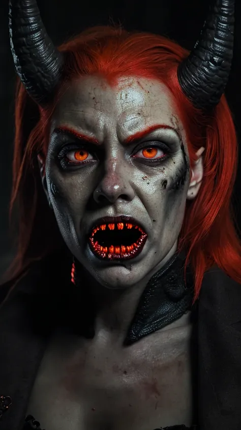 (best quality,ultra-detailed,realistic),horror,detailed fiery eyes,watchful and unsettling appearance,red hair,monster mouth,horns on the head,portrait,high contrast lighting,ominous colors.